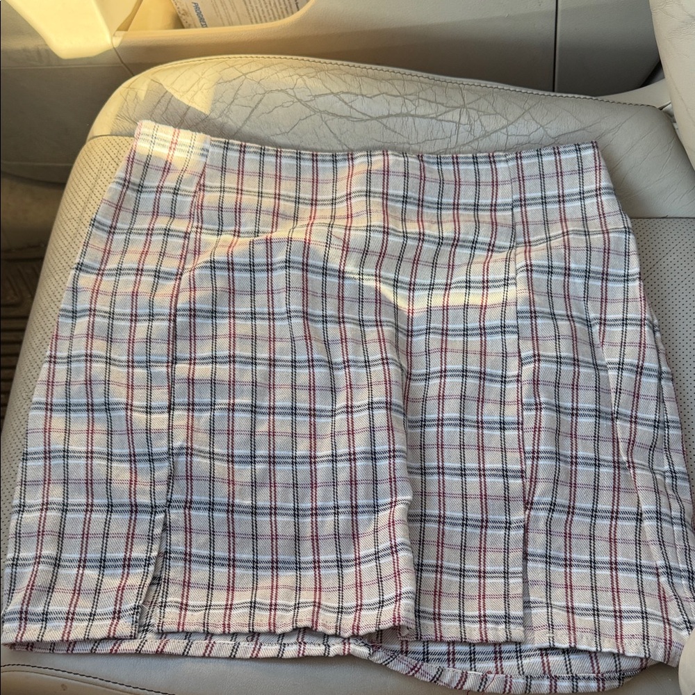 Plaid Mini Skirt in Cream with Red & Blue Stripes